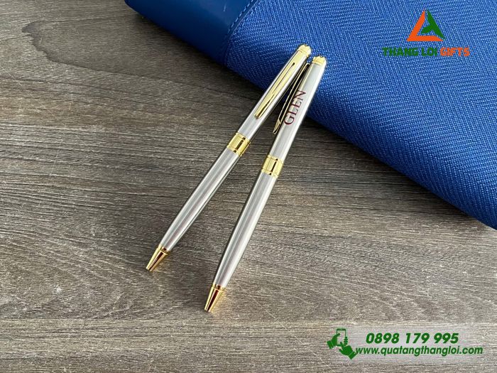 Bút Ký Kim Loại Xoay Màu Inox Khoen Vàng - Khắc Logo GLEN