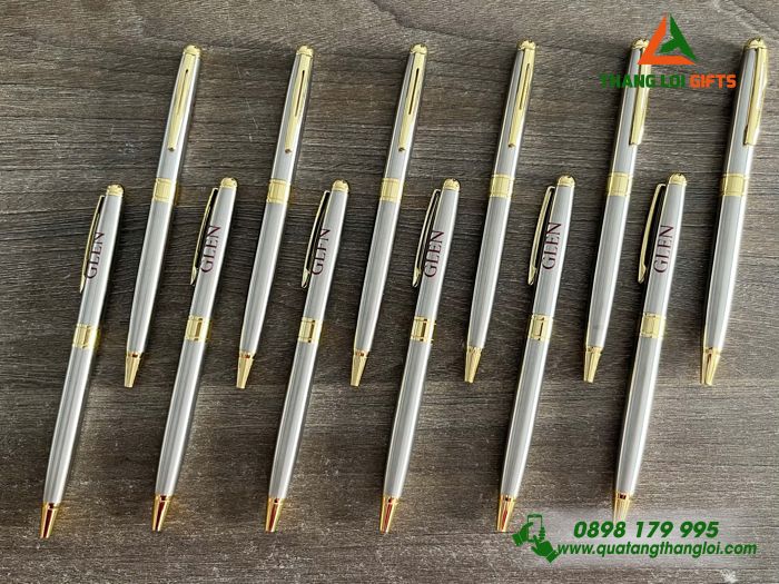 Bút Ký Kim Loại Xoay Màu Inox Khoen Vàng - Khắc Logo GLEN
