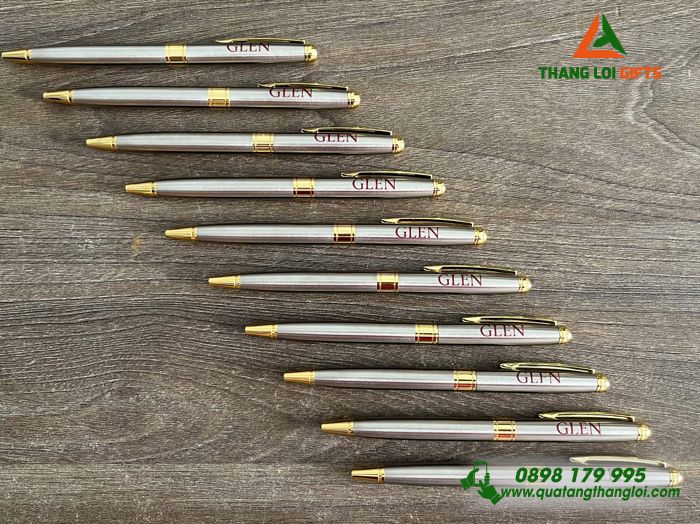 Bút Ký Kim Loại Xoay Màu Inox Khoen Vàng - Khắc Logo GLEN