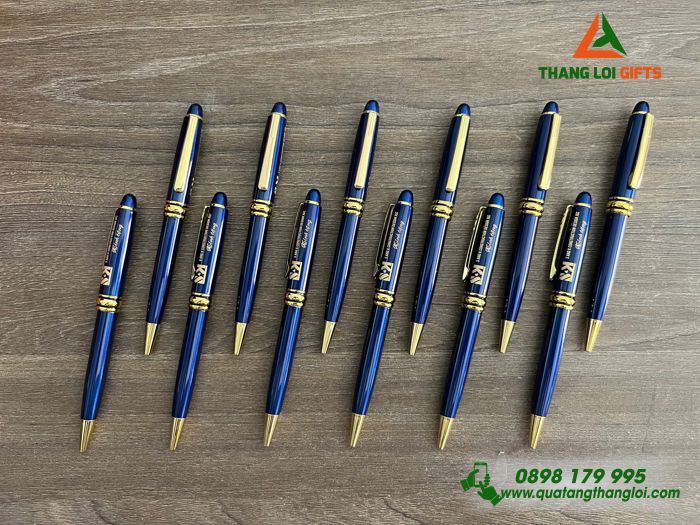 Bút Ký Kim Loại Xoay Màu Xanh Khoen Vàng - Khắc Logo Doanh Nghiệp S AND K