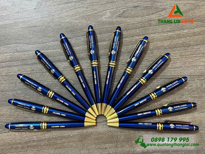 Bút Ký Kim Loại Xoay Màu Xanh Khoen Vàng - Khắc Logo Doanh Nghiệp Sài Gòn Cần Giờ Resort