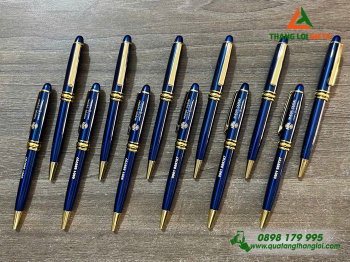 Bút Ký Kim Loại Xoay Màu Xanh Khoen Vàng - Khắc Logo Doanh Nghiệp Sài Gòn Cần Giờ Resort