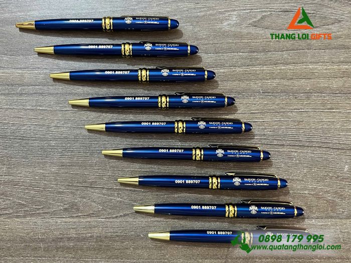 Bút Ký Kim Loại Xoay Màu Xanh Khoen Vàng - Khắc Logo Doanh Nghiệp Sài Gòn Cần Giờ Resort