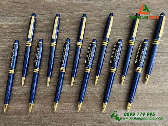 Bút Ký Kim Loại Xoay Màu Xanh Khoen Vàng - Khắc Tên Làm Quà Tặng Cho Nhân Viên