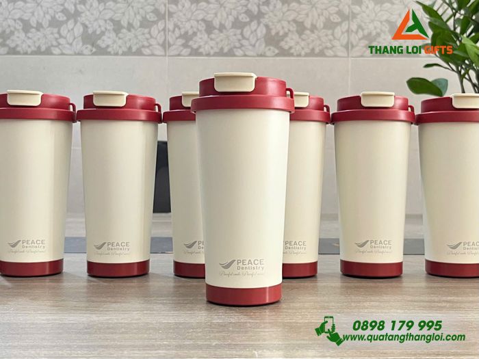 Ly Giữ Nhiệt 530ml Nắp Đỏ - Khắc Logo Doanh Nghiệp PEACE