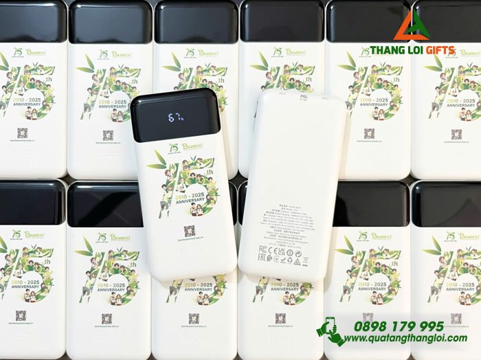 Pin Sạc Dự Phòng Hoco 10.000mAh Màu Trắng - In Logo 15 Năm Doanh Nghiệp BAMBOO