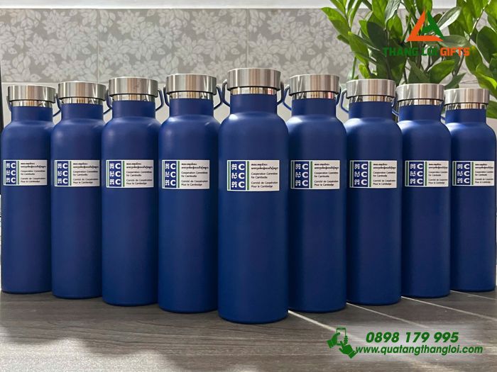 Bình Giữ Nhiệt 600ml Màu Xanh - In Logo Nội Dung Cambodia