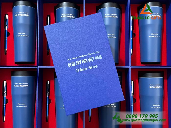 Bộ Quà Tặng (Bình Elmich & Bút) Màu Xanh - In Khắc Tên Doanh Nghiệp Blue Jay Pos Việt Nam
