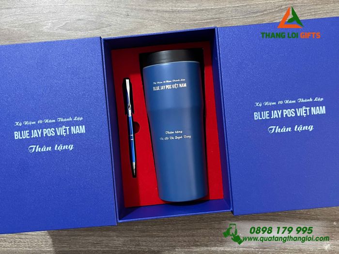 Bộ Quà Tặng (Bình Elmich & Bút) Màu Xanh - In Khắc Tên Doanh Nghiệp Blue Jay Pos Việt Nam
