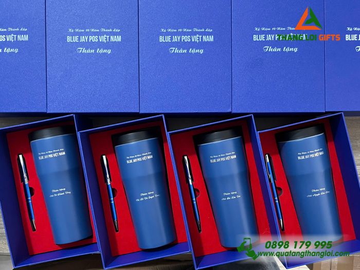 Bộ Quà Tặng (Bình Elmich & Bút) Màu Xanh - In Khắc Tên Doanh Nghiệp Blue Jay Pos Việt Nam