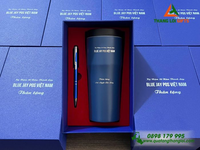 Bộ Quà Tặng (Bình Elmich & Bút) Màu Xanh - In Khắc Tên Doanh Nghiệp Blue Jay Pos Việt Nam