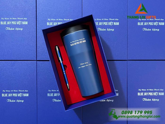 Bộ Quà Tặng (Bình Elmich & Bút) Màu Xanh - In Khắc Tên Doanh Nghiệp Blue Jay Pos Việt Nam
