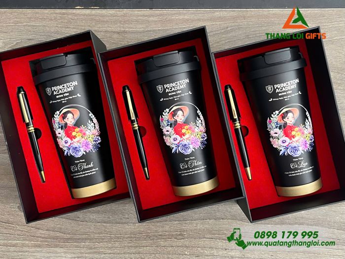 Combo Quà Tặng (Ly & Bút) Màu Đen - In Khắc Tên Làm Quà Tặng Nhân Ngày Quốc Tế Phụ Nữ 8/3