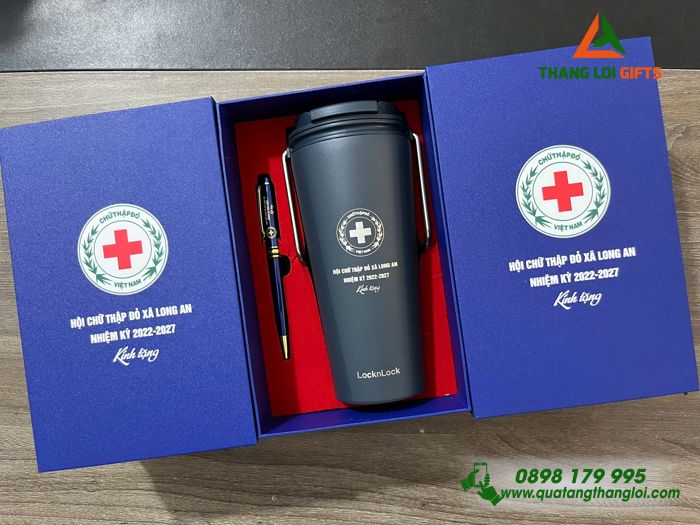Bộ Quà Tặng (Ly Lock & Bút) Màu Xanh - In Khắc Logo Hội Chữ Thập Đỏ Việt Nam