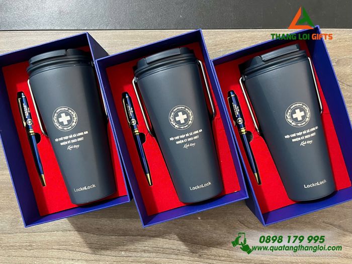 Bộ Quà Tặng (Ly Lock & Bút) Màu Xanh - In Khắc Logo Hội Chữ Thập Đỏ Việt Nam