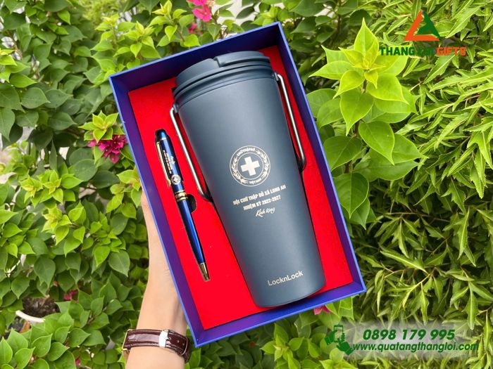 Bộ Quà Tặng (Ly Lock & Bút) Màu Xanh - In Khắc Logo Hội Chữ Thập Đỏ Việt Nam