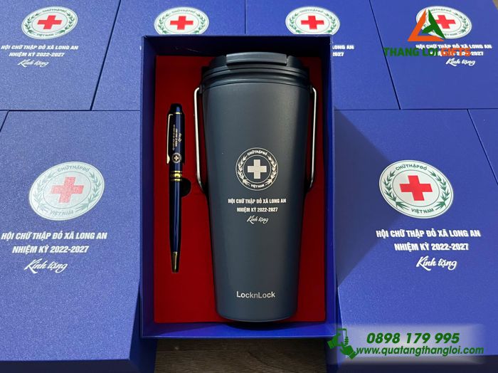 Bộ Quà Tặng (Ly Lock & Bút) Màu Xanh - In Khắc Logo Hội Chữ Thập Đỏ Việt Nam