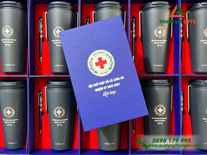 Bộ Quà Tặng (Ly Lock & Bút) Màu Xanh - In Khắc Logo Hội Chữ Thập Đỏ Việt Nam