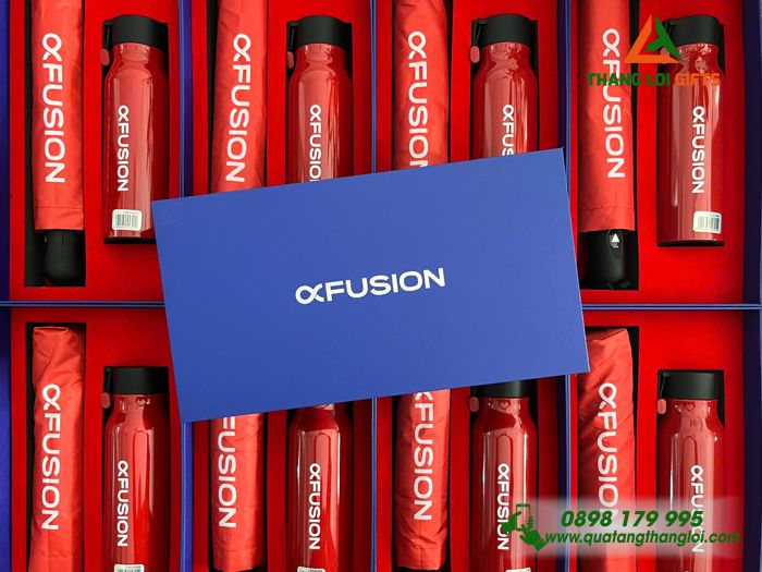 Set Quà Tặng (Ô Dù Cầm Tay+ Bình Lock&Lock) Màu Đỏ - In Logo Thương Hiệu FUSION