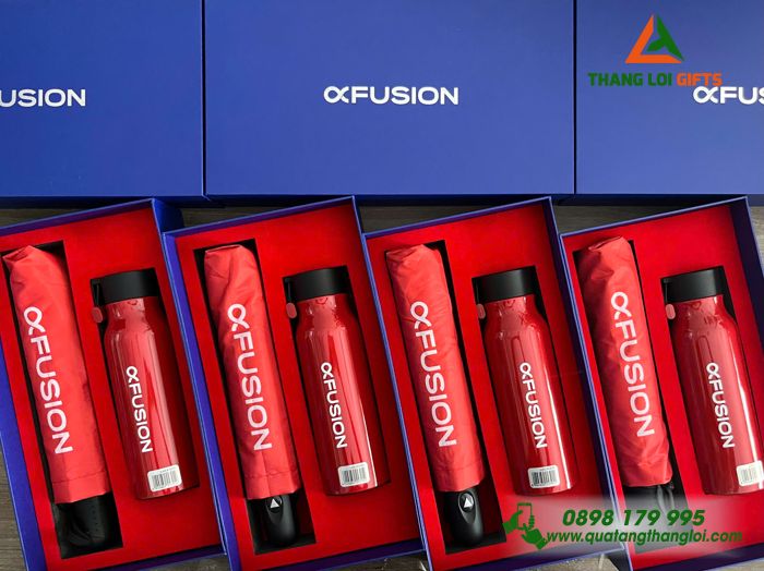 Set Quà Tặng (Ô Dù Cầm Tay+ Bình Lock&Lock) Màu Đỏ - In Logo Thương Hiệu FUSION
