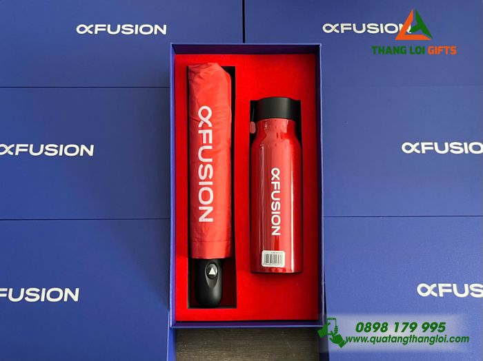 Set Quà Tặng (Ô Dù Cầm Tay+ Bình Lock&Lock) Màu Đỏ - In Logo Thương Hiệu FUSION