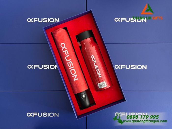 Set Quà Tặng (Ô Dù Cầm Tay+ Bình Lock&Lock) Màu Đỏ - In Logo Thương Hiệu FUSION