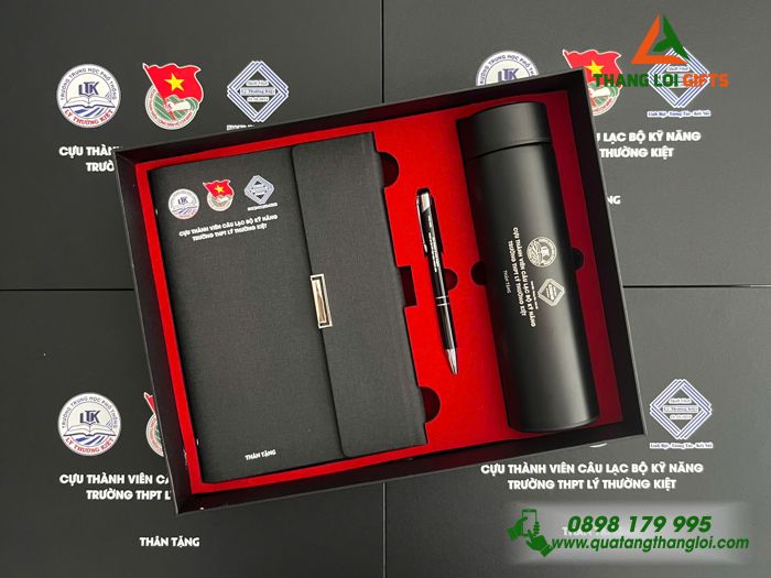 Bộ Quà Tặng (Sổ+ Bình+ Bút) Màu Đen - In Khắc Logo Trường THPT Lý Thường Kiệt