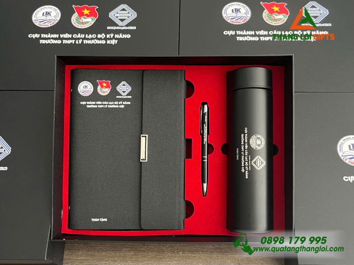 Bộ Quà Tặng (Sổ+ Bình+ Bút) Màu Đen - In Khắc Logo Trường THPT Lý Thường Kiệt