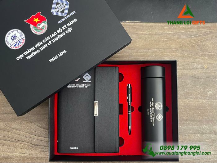 Bộ Quà Tặng (Sổ+ Bình+ Bút) Màu Đen - In Khắc Logo Trường THPT Lý Thường Kiệt