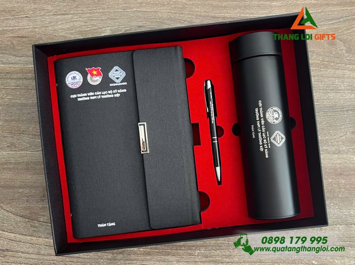Bộ Quà Tặng (Sổ+ Bình+ Bút) Màu Đen - In Khắc Logo Trường THPT Lý Thường Kiệt