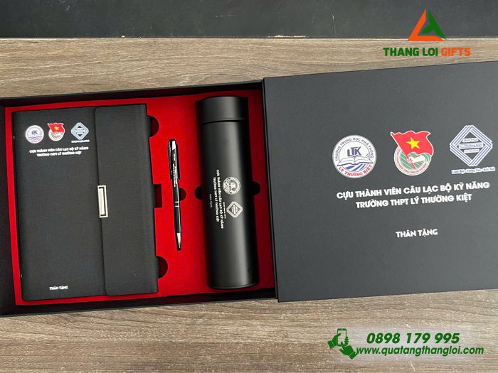 Bộ Quà Tặng (Sổ+ Bình+ Bút) Màu Đen - In Khắc Logo Trường THPT Lý Thường Kiệt