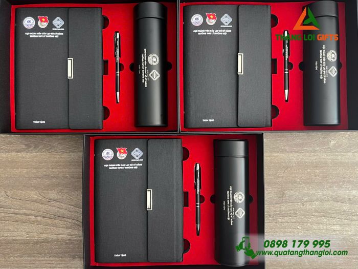 Bộ Quà Tặng (Sổ+ Bình+ Bút) Màu Đen - In Khắc Logo Trường THPT Lý Thường Kiệt
