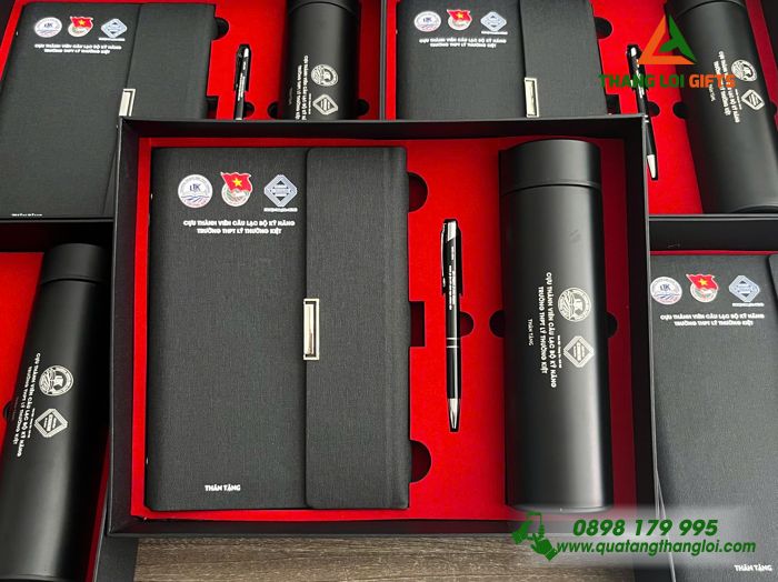 Bộ Quà Tặng (Sổ+ Bình+ Bút) Màu Đen - In Khắc Logo Trường THPT Lý Thường Kiệt