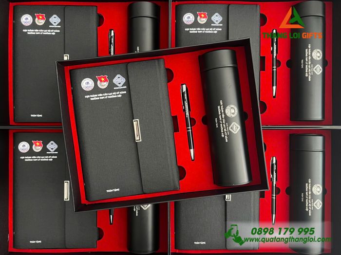 Bộ Quà Tặng (Sổ+ Bình+ Bút) Màu Đen - In Khắc Logo Trường THPT Lý Thường Kiệt