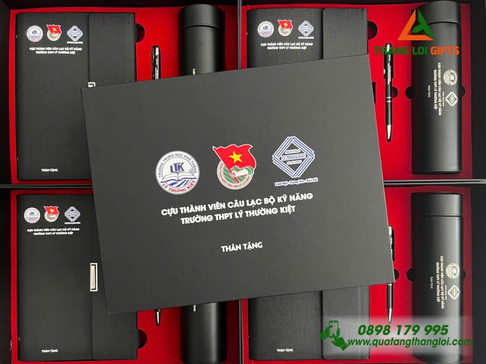 Bộ Quà Tặng (Sổ+ Bình+ Bút) Màu Đen - In Khắc Logo Trường THPT Lý Thường Kiệt