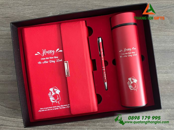 Set Quà Tặng (Sổ+ Bình+ Bút) Màu Đỏ - In Khắc Tên Làm Quà Tặng Kỷ Niệm