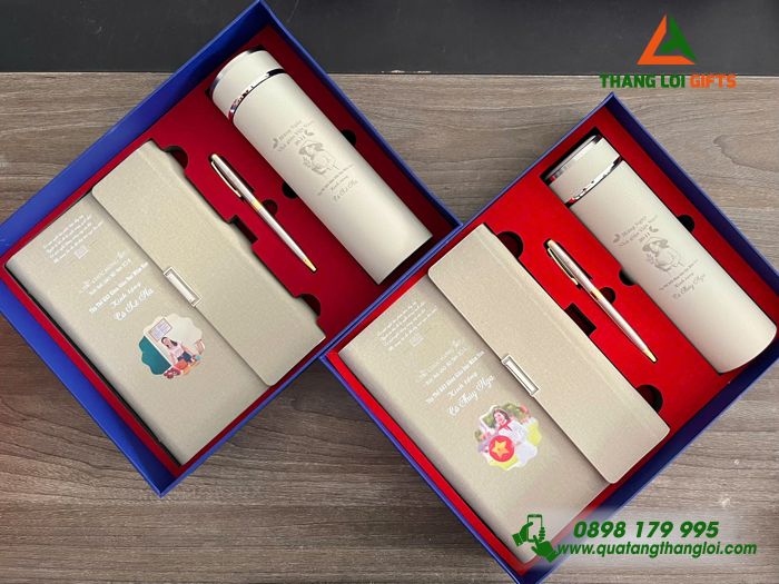 Set Quà Tặng (Sổ+ Bình+ Bút) Màu Trắng Kem - In Khắc Hình Ảnh Làm Quà Tặng Nhân Ngày Quốc Tế Phụ Nữ