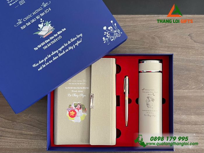 Set Quà Tặng (Sổ+ Bình+ Bút) Màu Trắng Kem - In Khắc Hình Ảnh Làm Quà Tặng Nhân Ngày Quốc Tế Phụ Nữ