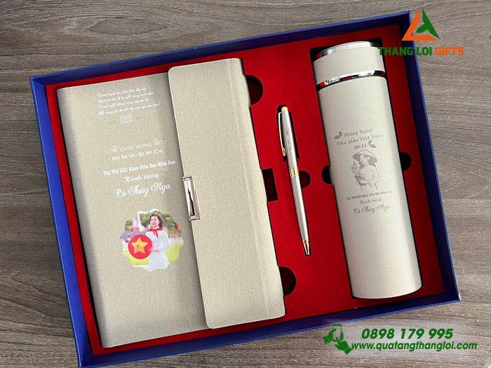 Set Quà Tặng (Sổ+ Bình+ Bút) Màu Trắng Kem - In Khắc Hình Ảnh Làm Quà Tặng Nhân Ngày Quốc Tế Phụ Nữ