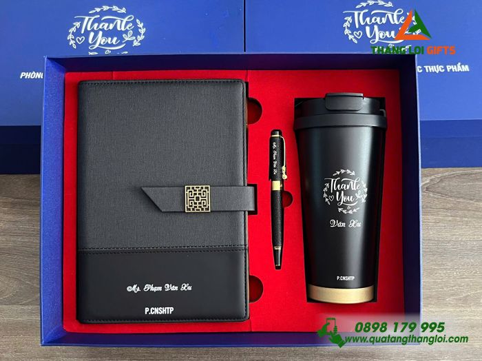 Set Quà Tặng (Sổ+ Ly+ Bút) Màu Đen - In Khắc Lời Cảm Ơn Đến Người Phụ Nữ Nhân Ngày 8/3