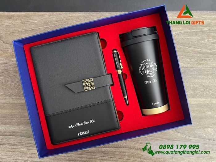 Set Quà Tặng (Sổ+ Ly+ Bút) Màu Đen - In Khắc Lời Cảm Ơn Đến Người Phụ Nữ Nhân Ngày 8/3
