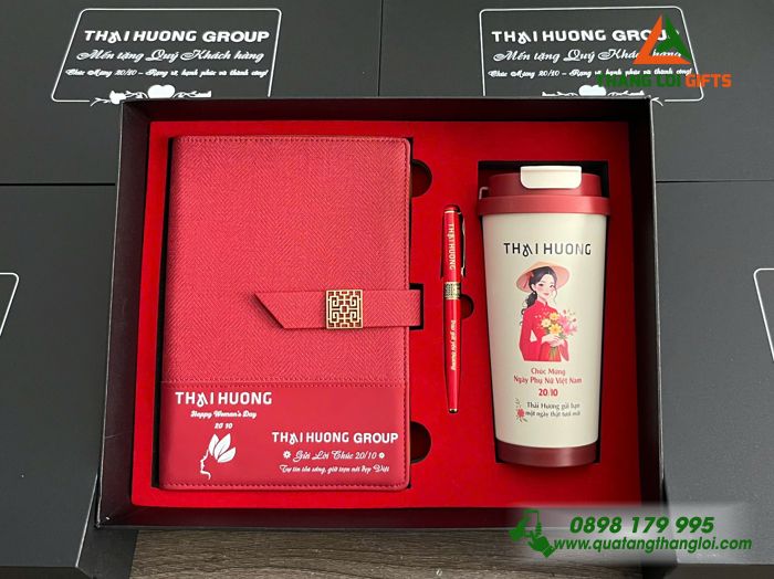 Giftset Bộ Quà Tặng (Sổ+ Ly+ Bút) Màu Đỏ - In Khắc Hình Ảnh Làm Quà Nhân Ngày Phụ Nữ 8/3