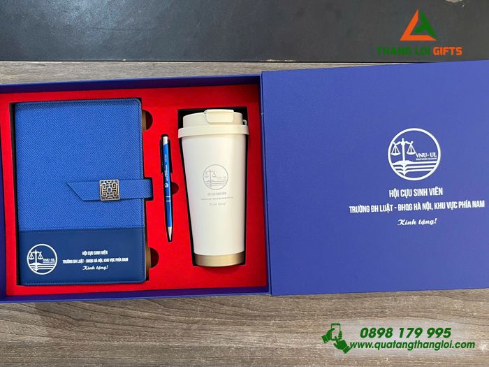 Combo Quà Tặng (Sổ+ Bình+ Bút) Màu Xanh - In Khắc Logo Trường Đại Học Luật - ĐHQG Hà Nội