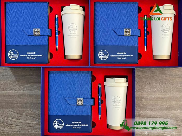Combo Quà Tặng (Sổ+ Bình+ Bút) Màu Xanh - In Khắc Logo Trường Đại Học Luật - ĐHQG Hà Nội