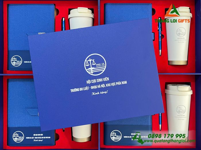 Combo Quà Tặng (Sổ+ Bình+ Bút) Màu Xanh - In Khắc Logo Trường Đại Học Luật - ĐHQG Hà Nội