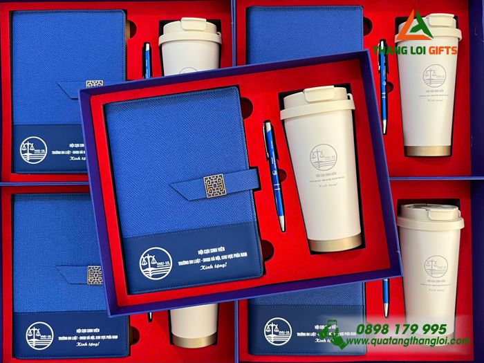 Combo Quà Tặng (Sổ+ Bình+ Bút) Màu Xanh - In Khắc Logo Trường Đại Học Luật - ĐHQG Hà Nội