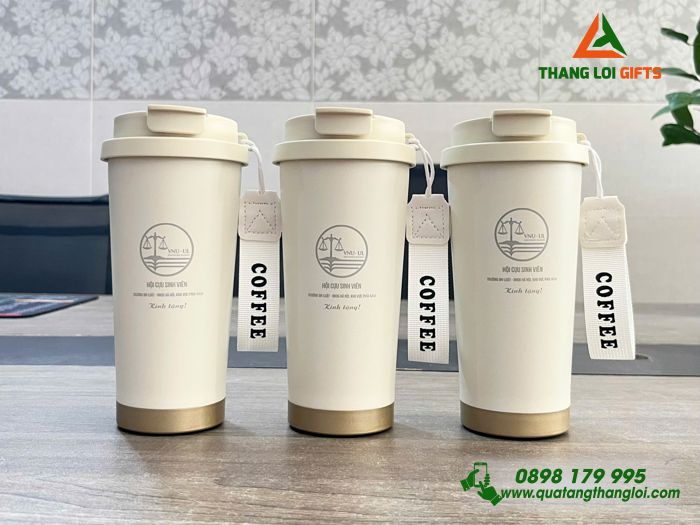Ly Giữ Nhiệt 530ml Màu Trắng Kem - Khắc Logo Trường Đại Học Luật - ĐHQG Hà Nội