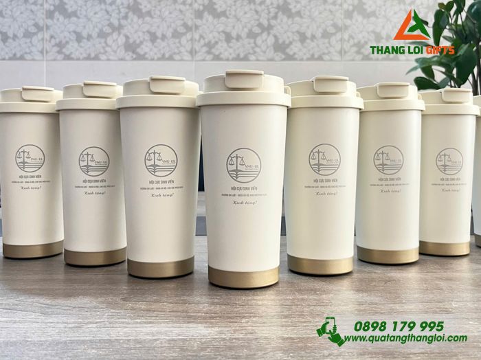 Ly Giữ Nhiệt 530ml Màu Trắng Kem - Khắc Logo Trường Đại Học Luật - ĐHQG Hà Nội