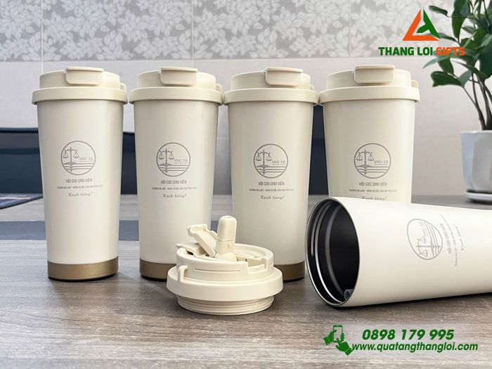 Ly Giữ Nhiệt 530ml Màu Trắng Kem - Khắc Logo Trường Đại Học Luật - ĐHQG Hà Nội