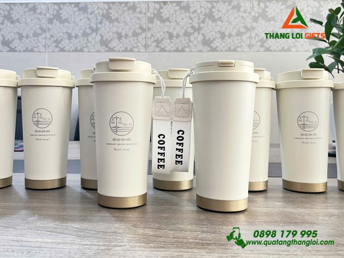 Ly Giữ Nhiệt 530ml Màu Trắng Kem - Khắc Logo Trường Đại Học Luật - ĐHQG Hà Nội